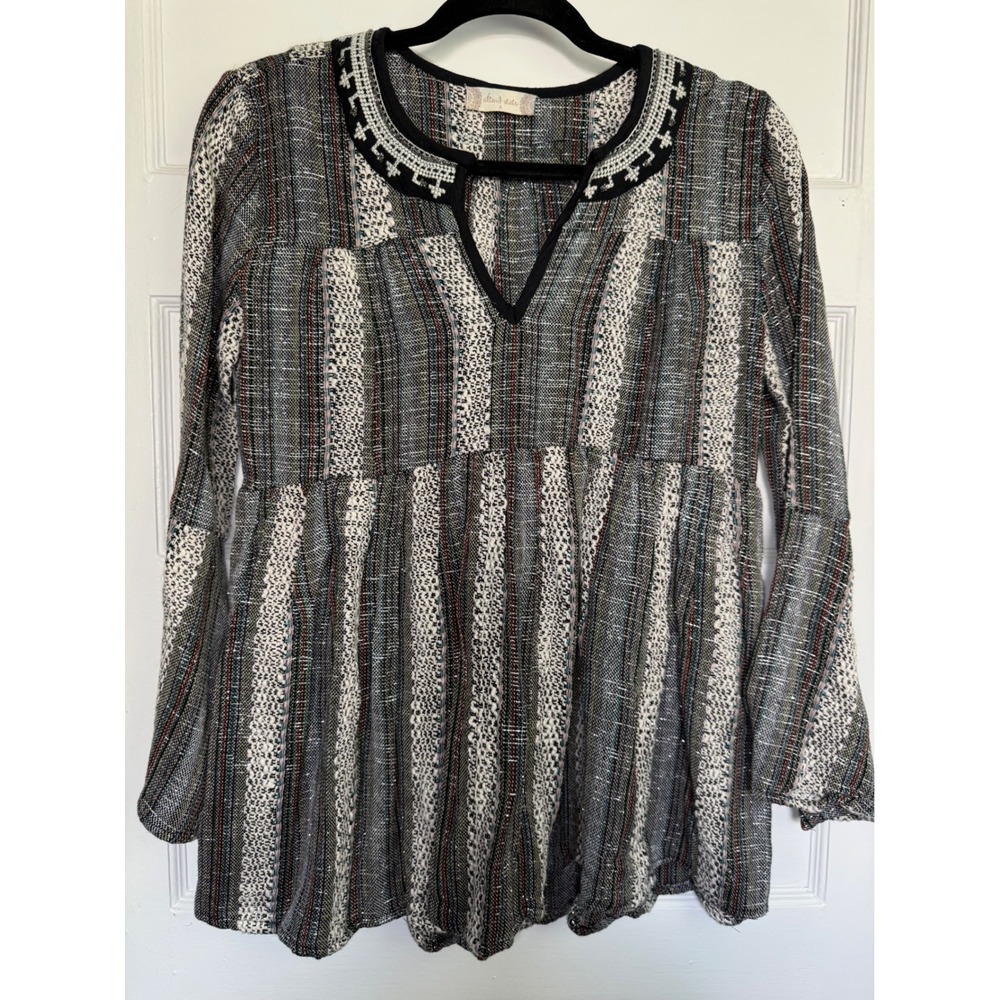 Altar'd State Boho Woven Cotton Tunic Top Embroidered Split Neck Bell Sleeve S